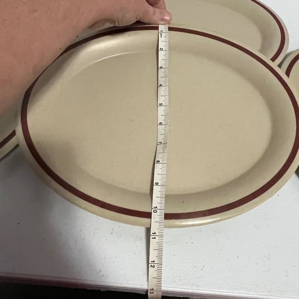 Vtg G.E.T. Melamine Dinner‎ Plates Set of 4 Tan Brown Rim Rest. Ware Oval READ